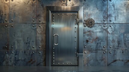 A heavy steel door with a large handle and rivets, set against a textured metal wall.