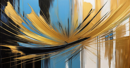 arrière plan abstrait, explosions de couleurs noire, or et bleu pâle. Coups de pinceau de peinture à l'huile, lignes majoritairement droites, verticales ou horizontales