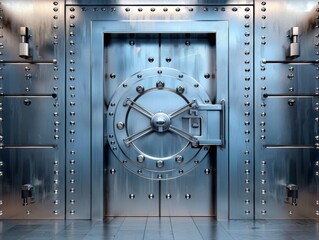A large, imposing metal vault door with a heavy, circular lock. The door is surrounded by other smaller vault doors.