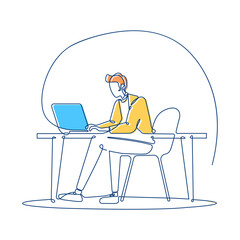Businessman Sitting Working in Workspace Using Laptop Filled Continuous Line Art Vector
