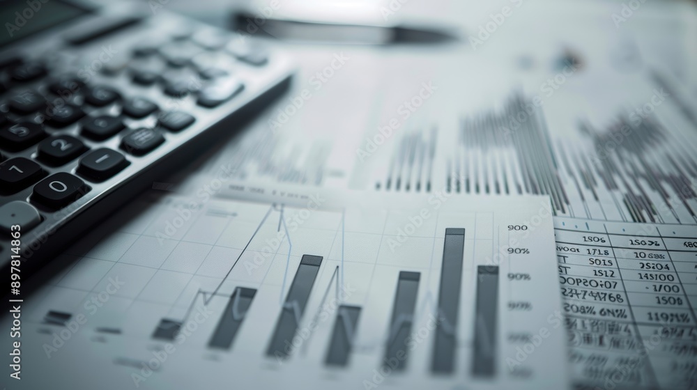 Poster accountant is using charts, graphs, and a calculator to analyze financial data