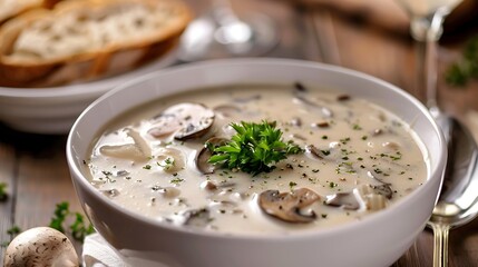 Creamy mushroom soup in bowl on wooden table