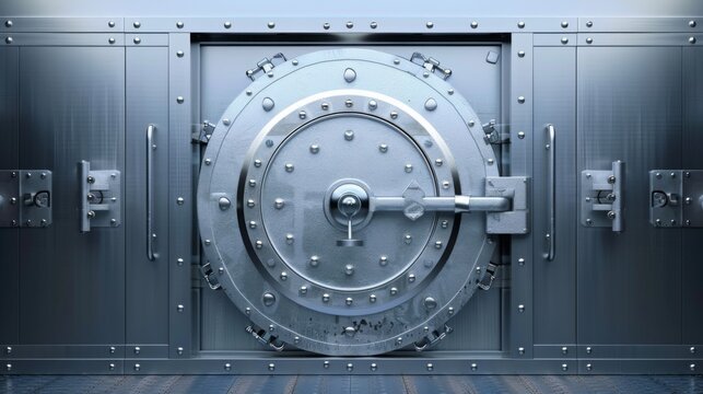 A large, steel vault door with a heavy, circular lock. The door is closed and appears to be very secure.