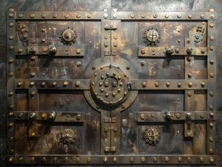A weathered, rusty metal door with intricate locking mechanisms and rivets.