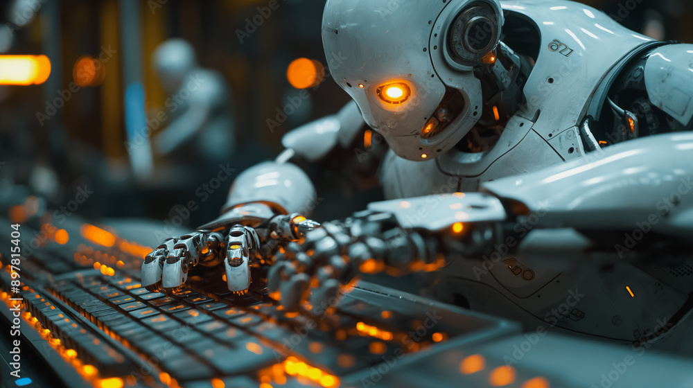 Aufkleber a robot is typing on a keyboard with orange lights