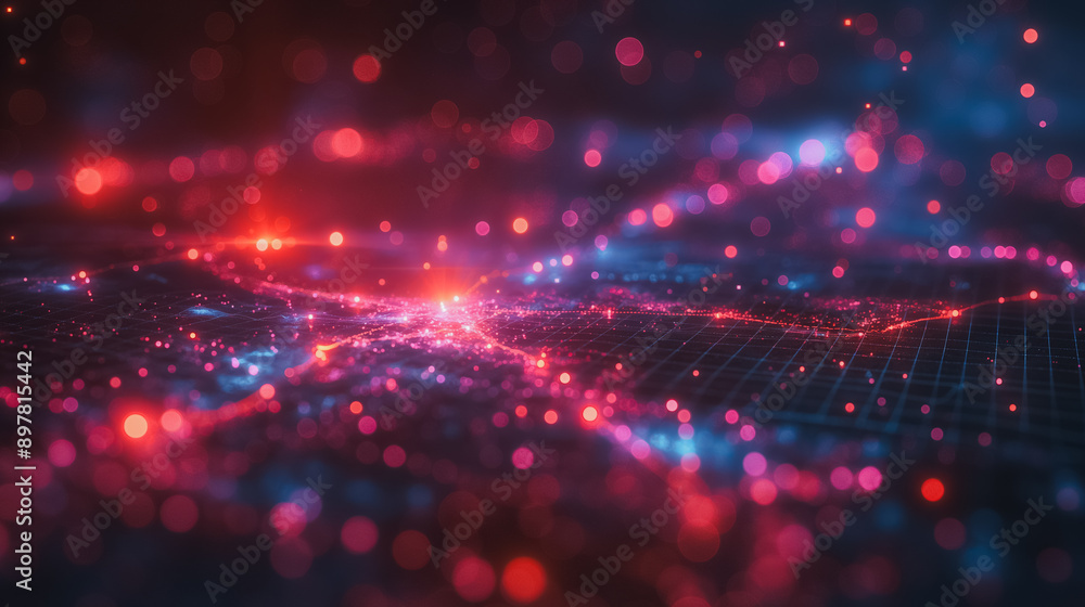Poster a computer generated image of a city with a red and blue background