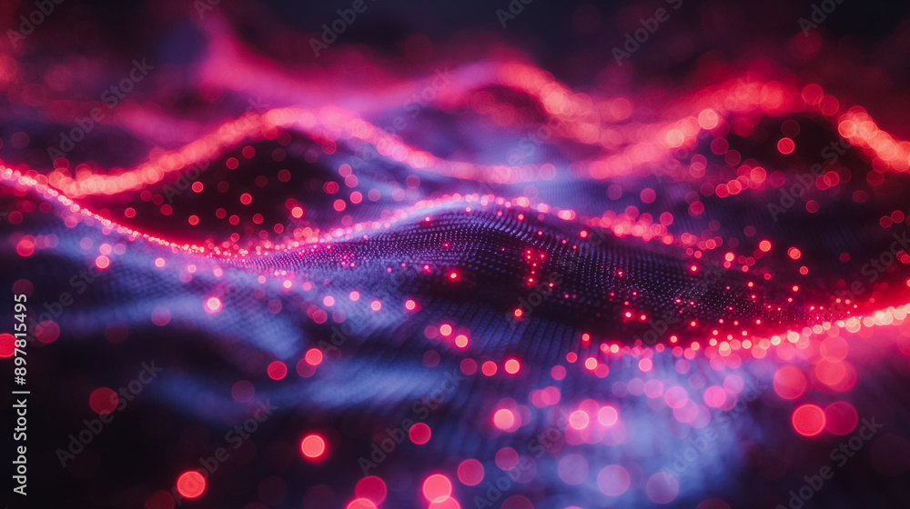 Poster a red and blue wave with a lot of sparkles. the wave is made of dots and it looks like it's moving