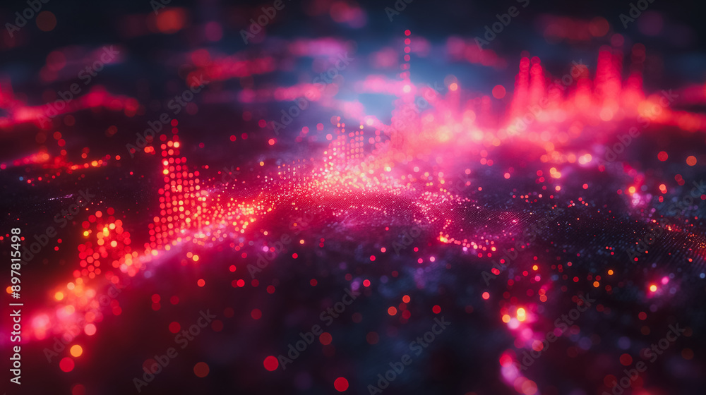 Poster a computer generated image of a red and blue background with a lot of dots. the image is abstract an