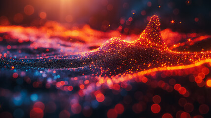 A blurry image of a red and blue landscape with a bright orange spot