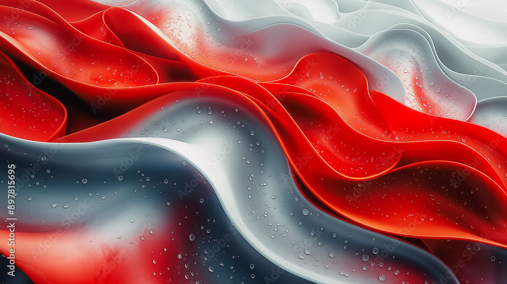 Poster a red and white wave with a silver and gray background. the wave is made of a shiny material and has