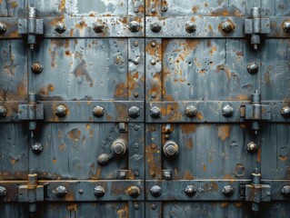 A weathered metal door with rusty accents and intricate metalwork. The door is closed and appears to be very old.