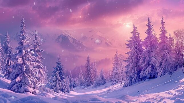 Sunset over a winter pine forest, creating a serene and breathtaking scene with warm, golden light casting over snow-covered trees a Seamless looping 4k time-lapse virtual video animation Generated AI