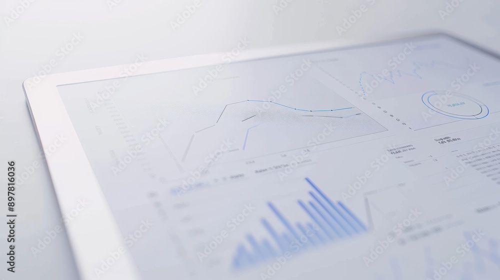 Poster white tablet showing graphs and charts on a table, indicating data analysis and business strategy
