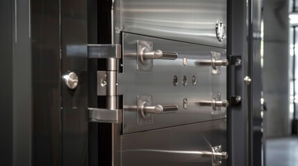 Close-up of a heavy-duty steel vault door with multiple locking mechanisms.