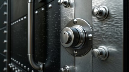 Close-up of a metal door with a large, intricate lock. The lock is made of steel and has a circular design with multiple knobs and rivets.