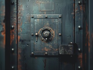 Close-up of a rusty, old metal vault door with a large, intricate lock.