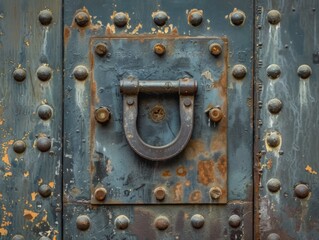 Close-up of a rusty metal door with a large iron handle and rivets.