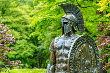 Bronze statue of ancient Greek hoplite warrior in a garden, copyspace