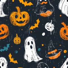 Fototapeta premium Cute Halloween cartoon character seamless pattern with ghosts, perfect for kids or party wallpaper design.