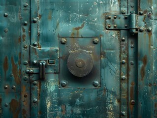 Close-up of a weathered, teal metal door with rivets, a large lock, and hinges.