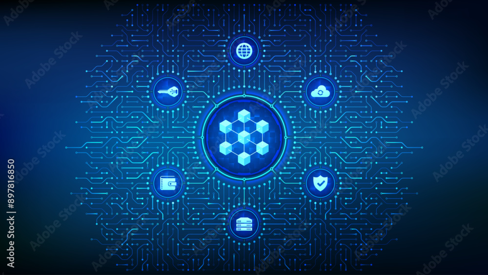 Poster blockchain technology. decentralized network. fintech cryptocurrency. information blocks in cyberspa