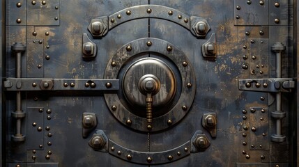 Close-up of an old, rusty metal vault door with a large circular lock.