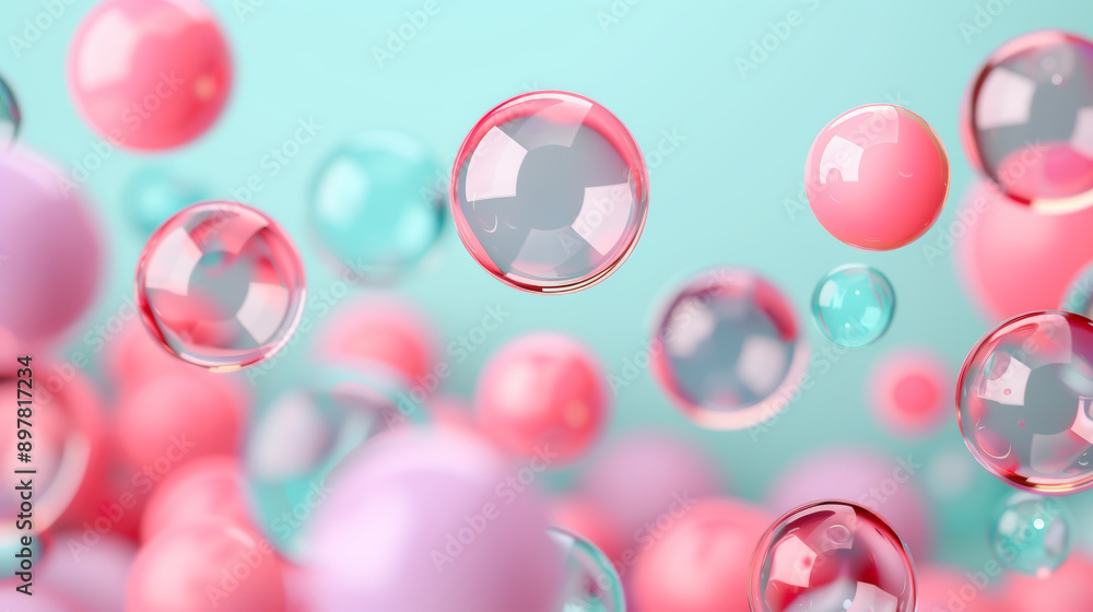 Poster a mesmerizing display of colorful bubbles floating in a soft blue background, creating a whimsical a