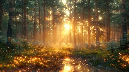 Fototapeta premium Pine forest in the morning with dew on the ground