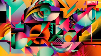 Abstract geometric shapes in vibrant colors create a dynamic, playful composition.  This digital art piece is a stunning visual journey.