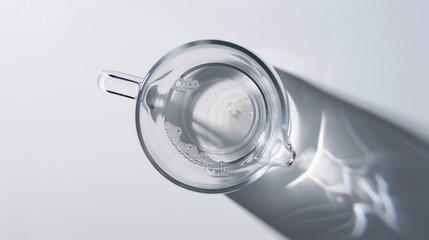 Glass measuring cup filled with water casts a shadow against a white backdrop