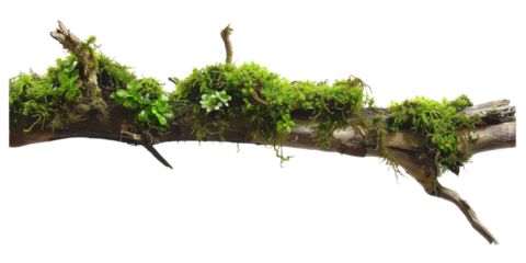 Green moss-covered single broken tree branch isolated in a transparent background. Cut out or PNG.
