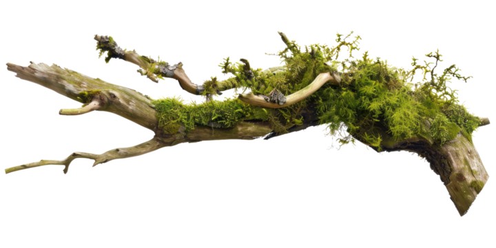 Green moss-covered single broken tree branch isolated in a transparent background. Cut out or PNG.