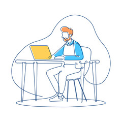Businessman Sitting Working in Workspace Using Laptop Filled Continuous Line Art Vector