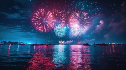 Fireworks Over the Sea with Red and White Fireworks in Dark Blue Sky - Sea Reflection, Distant View, Wide-Angle Lens Night Scene, Festive Atmosphere and Celebration of Joy
