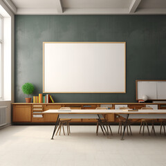 Classroom with Charcoal Grey Walls, White Markerboard and Wooden Student Chairs and Desks