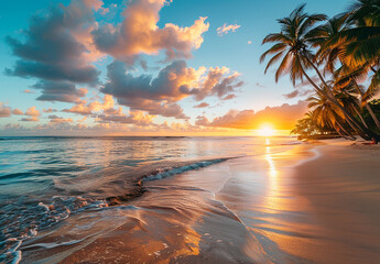 Tropical Beach Sunset with Palm Trees and Ocean Waves