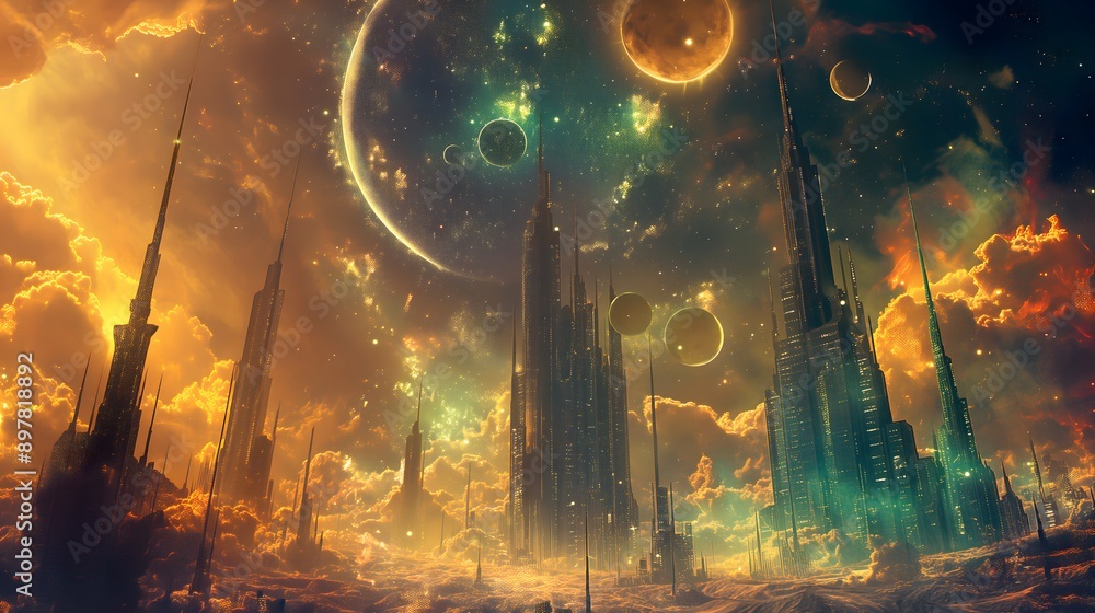 Poster 50. design an alien cityscape with towering spires and intricate architecture under a sky illuminate