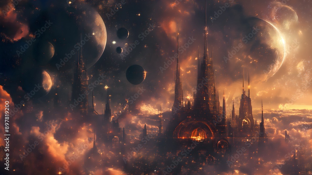 Poster 50. design an alien cityscape with towering spires and intricate architecture under a sky illuminate