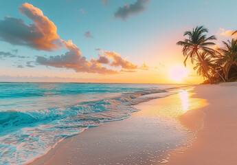 Tropical Beach Sunset with Palm Trees and Ocean Waves