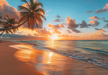 Tropical Beach Sunset with Palm Trees and Ocean Waves