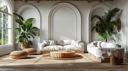 Minimalist Living Room Interior Design with Tropical Plants and White Sofas