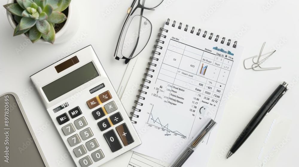 Poster businessman analyzing financial data and using calculator when working on business plan, top view