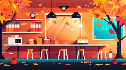Classroom scene, autumn decorations, flat design illustration