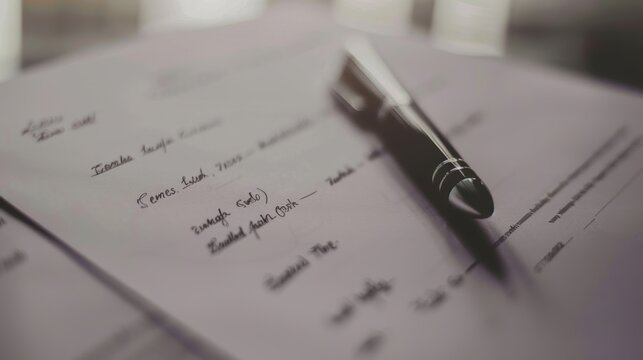 Sophisticated and professional atmosphere is created by an elegant pen resting on a paper with handwritten notes