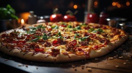 full pizza with vegetables and meat on wooden table with blur background