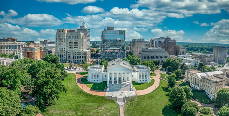 Aerial view of capitol square in Richmond with Virginia state capital, executive mansion,...