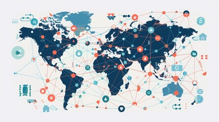 A detailed world map illustration showcasing global connectivity and various thematic icons representing different sectors.