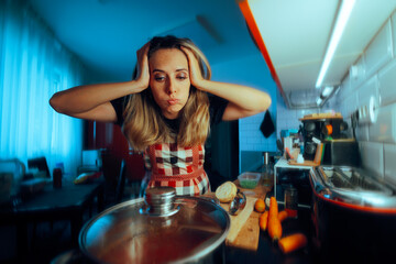 Stressed Woman Cooking at Home Making Soup Forgetting Ingredients. Home cook feeling desperate...