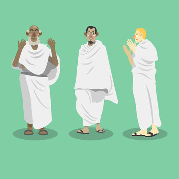 vector flat illustration of 3 people performing hajj