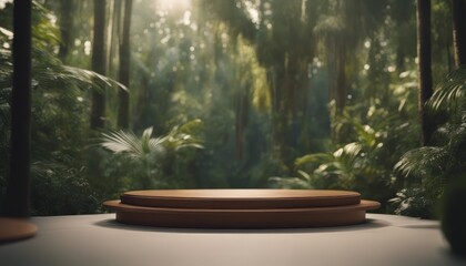 A modern podium for product design against the backdrop of a tropical forest